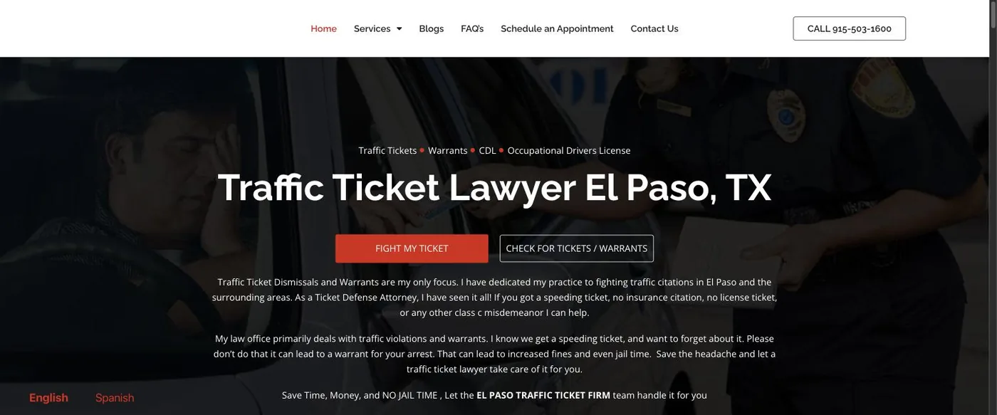 The elpasotrafficticket.com homepage — traffic ticket lawyer El Paso, TX