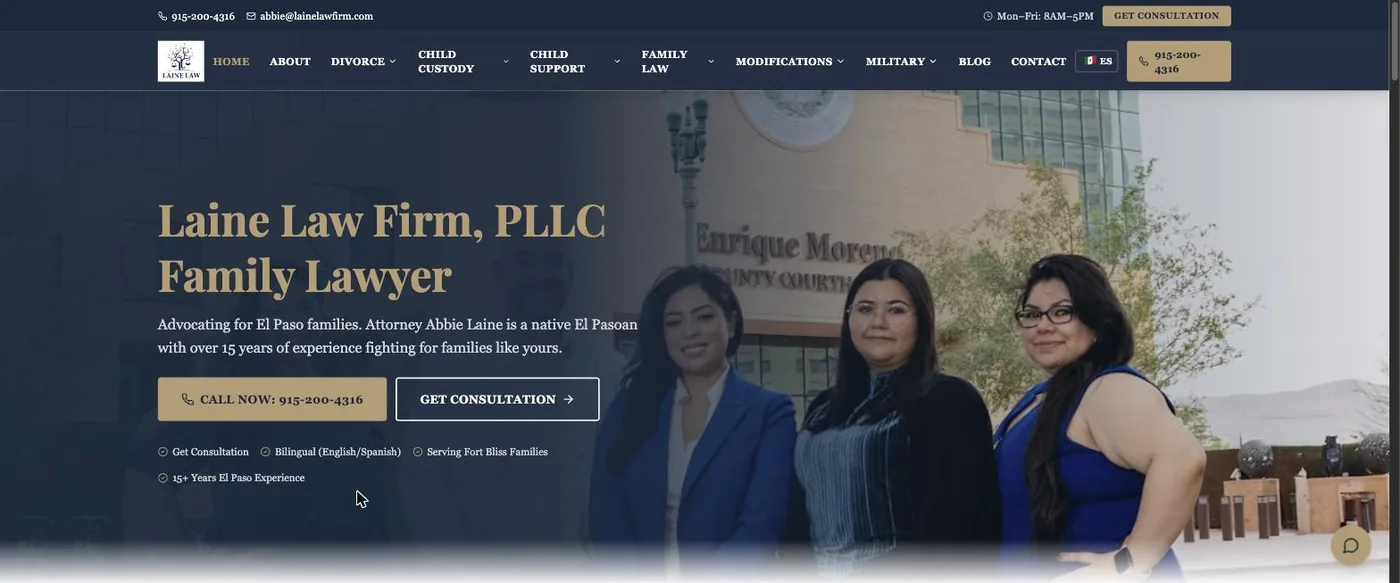 The lainelawfirm.com homepage we built — Laine Law Firm, PLLC family lawyer, El Paso