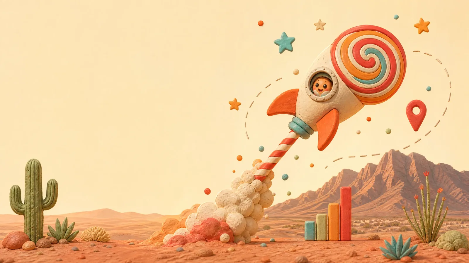The SEOCANDY lollipop rocket launching over the El Paso desert with rankings climbing behind it