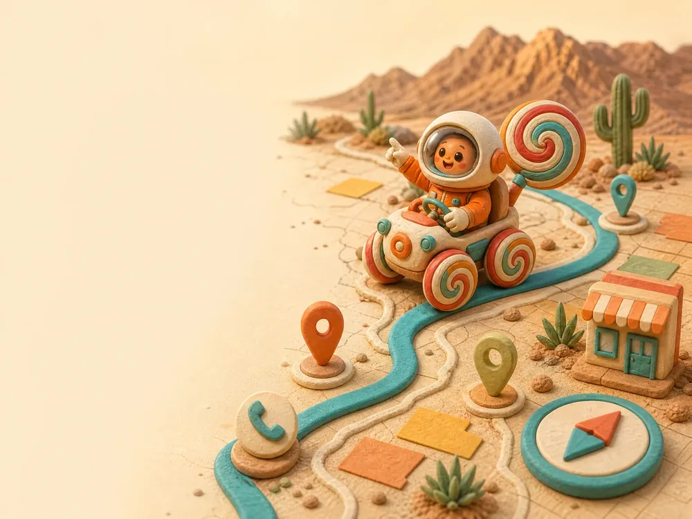Claymation map of El Paso with the lollipop rocket, a location pin, reviews and a ringing phone