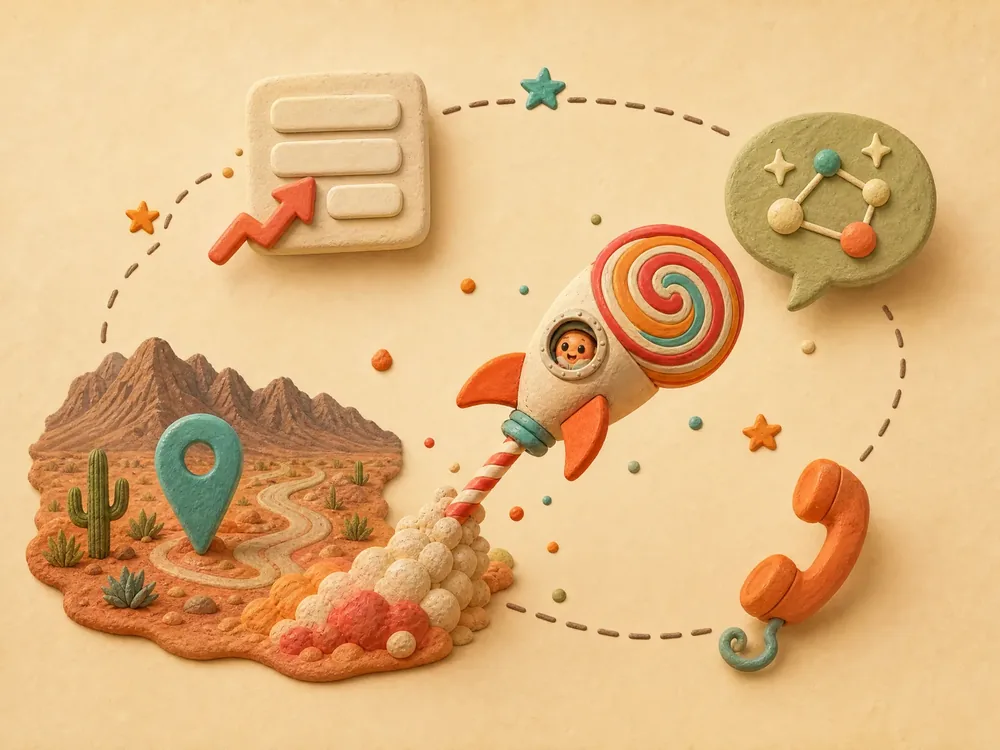 Claymation scene of a lollipop rocket launching over a desert map with a location pin, reviews and a ringing phone