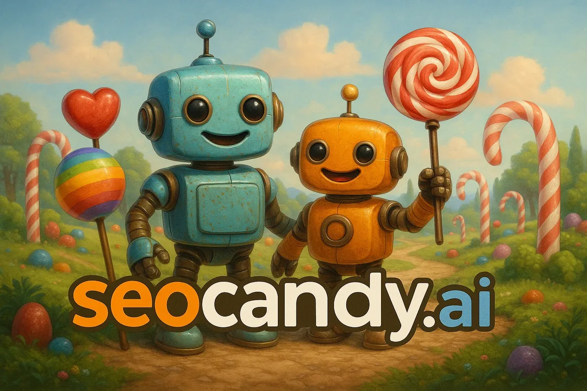 Two friendly clay robots — the SEOCANDY strategist and maker — holding lollipops in a candy garden